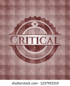 Critical red emblem or badge with abstract geometric polygonal pattern background. Seamless.