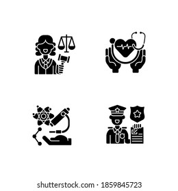 Critical Services Black Glyph Icons Set On White Space. Justice Sector. Health Care. Human Services. Research. Law Enforcement. Judiciary. Silhouette Symbols. Vector Isolated Illustration