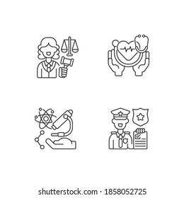 Critical services linear icons set. Justice sector. Health care. Human services. Research. Judiciary. Customizable thin line contour symbols. Isolated vector outline illustrations. Editable stroke