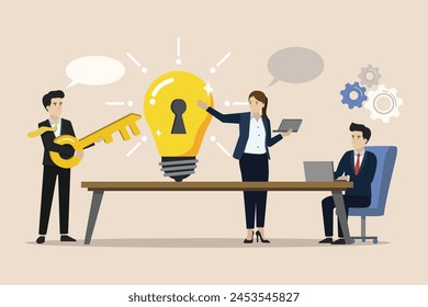 Critical solutions for business success, opening solutions, Manager explains how to solve problems. Teamwork discussions to open up new ideas. Business vector illustration.