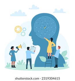 Critical strategic thinking, logic training vector illustration. Cartoon tiny people research circle maze inside human abstract head, talent and skills to understand smart solutions and ideas