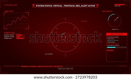 A critical system status alert displays telemetry data featuring velocity and pressure readings along with a radar scan indicating an external breach. The user interface is dark and red.
