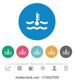 Critical temperature engine coolant flat white icons on round color backgrounds. 6 bonus icons included.