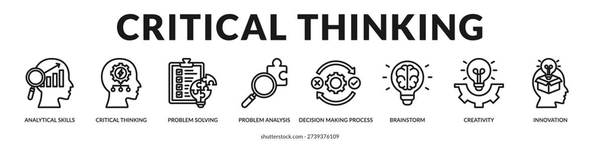 Critical thinking banner highlighting analytical reasoning and innovative problem solving capability. in Lineal Icon Style