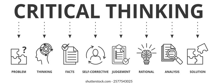 Critical thinking banner icon vector illustration concept with icon of problem, thinking, facts, self corrective, judgement, rational, analysis, and solution