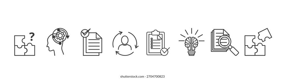 Concepto de Ilustración vectorial de ícono de Anuncio de pensamiento crítico con ícono de problema, pensamiento, hechos, autocorrección, juicio, racional, análisis y solución