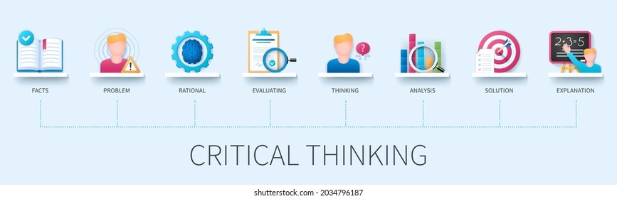 Critical thinking banner with icons. Facts, problem, rational, evaluating, thinking, analysis, solution, explanation icons. Business concept. Web vector infographic in 3D style