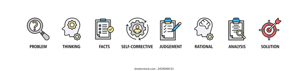 Critical thinking banner web icon set vector illustration concept for analysis of facts with an icon of problem, thinking, facts, self corrective, judgement, rational, analysis, and solution