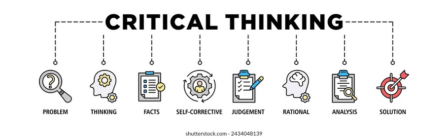 Critical thinking banner web icon set vector illustration concept for analysis of facts with an icon of problem, thinking, facts, self corrective, judgement, rational, analysis, and solution