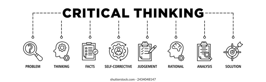 Critical thinking banner web icon set vector illustration concept for analysis of facts with an icon of problem, thinking, facts, self corrective, judgement, rational, analysis, and solution