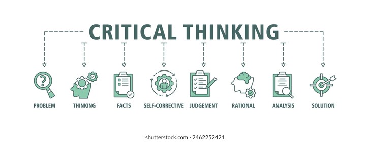 Critical thinking banner web icon set vector illustration concept for analysis of facts with an icon of problem, thinking, facts, self corrective, judgement, rational, analysis, and solution