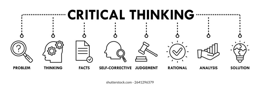 Critical thinking banner web icon vector illustration concept for analysis of facts with an icon of problem, thinking, facts, self corrective, judgement, rational, analysis, and solution