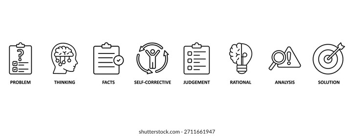 Kritisches Denken Banner Web-Icon Vektorgrafik-Konzept mit Icon der Identifikation, Vorurteile, Relevanz, Neugier, Forschung, Schlussfolgerung, Prozess, Rationalität