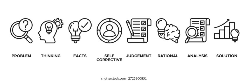 Critical thinking banner web icon vector illustration concept for analysis of facts with an icon of problem, thinking, facts, self corrective, judgement, rational, analysis, and solution