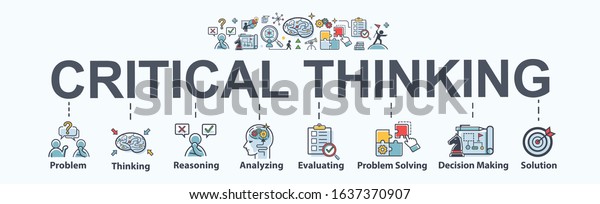 Critical thinking banner web icon\
for problem solving, creative, thinking, reasoning, analyzing,\
decision making and solution. Minimal vector cartoon\
infographic.