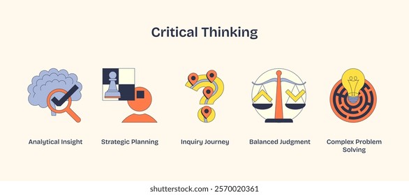 Critical Thinking, Brain, chess piece, and scales symbolize analytical insight and judgment. Neubrutalism style