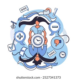Critical thinking. Central figure holds a clock symbolic of time management situated between two contrasting perspectives. Ideal for decision making positive and negative consequences time management