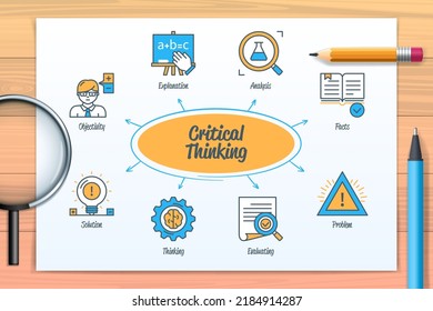 Critical thinking chart with icons and keywords. Facts, problem, objectivity, evaluating, thinking, analysis, explanation, solution. Web vector infographic