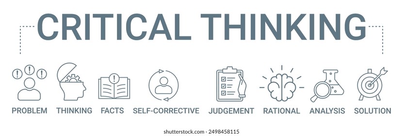 Critical Thinking concept banner icon contain of problem, thinking, fact, self-corrective, judgement, rational, analysis, and solution vector illustration