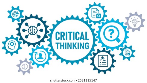 Critical thinking concept banner web website icons vector illustration with icons of problem, thinking, facts, self-corrective, judgement, rational, analysis, solution, identification, relevance, icon