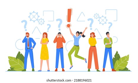 Critical Thinking Concept, Business Characters Men and Women Making Decision, Brainstorm, Psychological Type of Reflection. People Searching Idea with Question Marks. Cartoon Vector Illustration