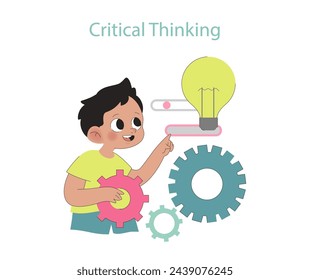 Critical Thinking concept. Child with gears and light bulb symbolizing problem solving and innovation. Fostering analytical skills.
