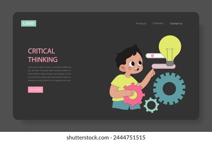 Critical Thinking concept. Child with gears and light bulb symbolizing problem solving and innovation. Fostering analytical skills.