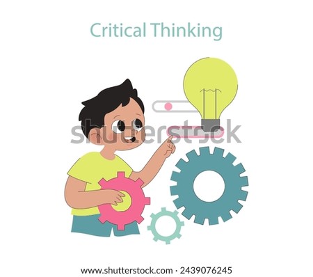 Critical Thinking concept. Child with gears and light bulb symbolizing problem solving and innovation. Fostering analytical skills.