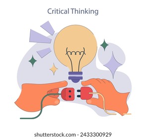 Concepto de pensamiento crítico. Manos sosteniendo un enchufe de bombilla, simbolizando el poder de la resolución de problemas.