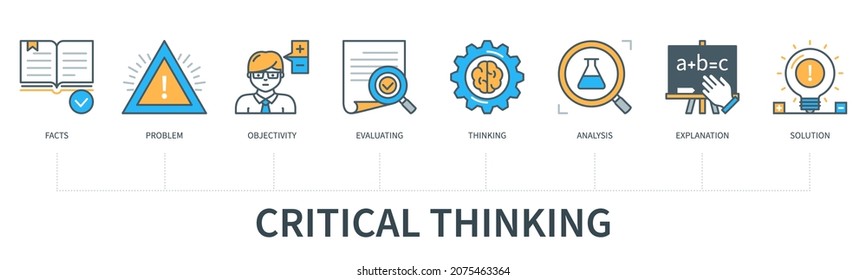 Critical thinking concept with icons. Facts, problem, objectivity, evaluating, thinking, analysis, explanation, solution. Web vector infographic in minimal flat line style