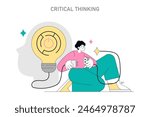 Critical Thinking concept. Illustration of a person with an idea bulb symbolizing thought process. Creative problem-solving skills representation. Vector illustration.