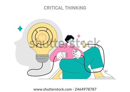 Critical Thinking concept. Illustration of a person with an idea bulb symbolizing thought process. Creative problem-solving skills representation. Vector illustration.