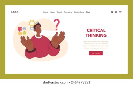 Critical Thinking concept. An individual contemplates a problem, surrounded by puzzle pieces and gears, representing problem-solving and analytical skills. Flat vector illustration