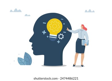 Critical thinking concept, Personality and characteristics, personality concepts of personnel, Skills and personal development, Woman with human head with light bulb and skills inside. Vector design.