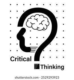 Critical thinking concept symbol represented by a brain within a question mark shaped as a human head. It suggests thoughtful analysis, problem solving, and reflective decision making.