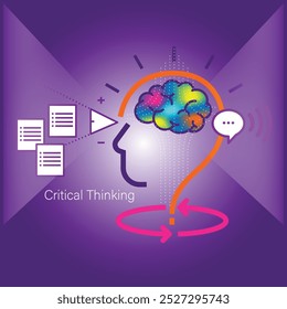 Critical thinking concept vector illustration, featuring a colorful brain, 360degree arrow, documents and speech bubble for information analysis, all representing creativity, logic and decision making