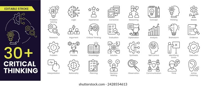 Critical thinking Editable Stroke icon set. Containing think, problem-solving, analysis, reasoning, evaluation, experience, research, logic and listening icons. Editable Outline icon collection.