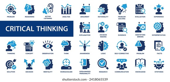 Critical thinking flat icons set. Analysis, think, experience, solution, research, problem icons and more signs. Flat icon collection.