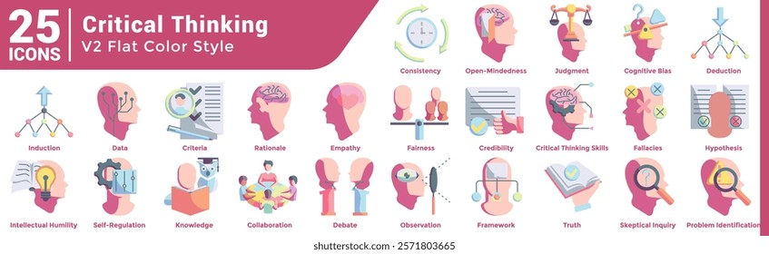Critical Thinking icon bundle 25 in Flat Color style