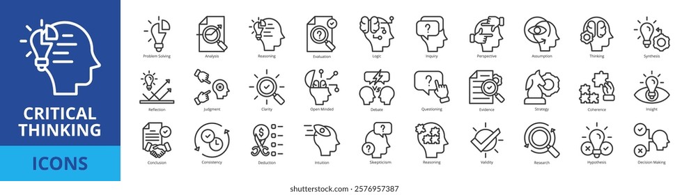 Critical thinking icon pack collection set with problem solving, analysis, reasoning, evaluation, logic, inquiry, perspective, assumption, thinking, synthesis, reflection, judgment, clarity