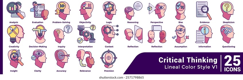 Critical Thinking icon set 25 in lineal Color style