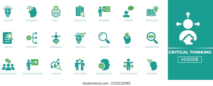 Symbolsatz für kritisches Denken mit Analyse-, Gehirn-, Entscheidungs-, Geist-, Problemlösungs-, Entscheidungs-, Logik- und Strategiesymbolen für Bildung und Wirtschaft.