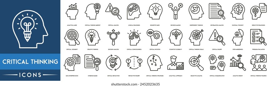 Critical Thinking Icon Set, Analytischer Verstand, Kritischer Denkansatz, Kritische Analyse, Logisches Denken, Neugieriger Verstand, Entscheidungsfindung, Independent-Denken, Informationsanalyse