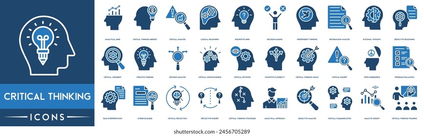 Critical Thinking icon set, Analytical Mind, Critical Thinking Mindset, Critical Analysis, Logical Reasoning, Inquisitive Mind, Decision Making, Independent Thinking, Information Analysis