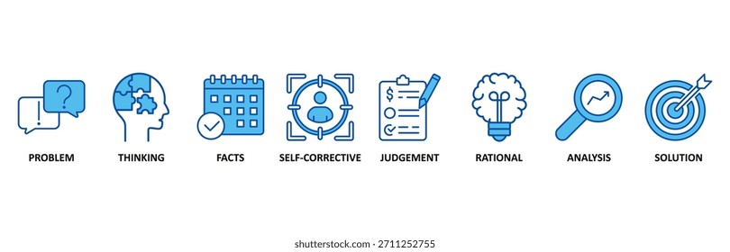 Critical thinking icon set In Blue Style vector illustration for identification, biases, relevance, curiosity, research, inference, process, rationality