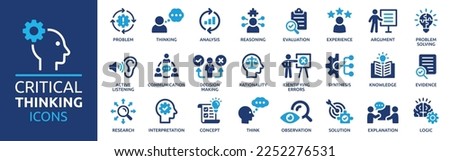 Critical thinking icon set. Containing think, problem-solving, analysis, reasoning, evaluation, experience, research, logic and listening icons. Solid icon collection.