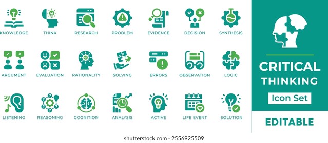 Critical Thinking Icon Set. Features editable icons for critical thinking, problem-solving, analysis, evaluation, and more. Perfect for education, training, and professional development.