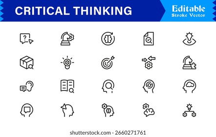 Conjunto de íconos de pensamiento crítico con lluvia de ideas, resolución de problemas, lógica y símbolos de análisis en estilo de Vector