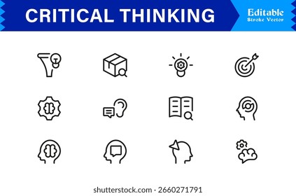 Critical Thinking Icon Set Featuring Brainstorming, Problem Solving, Logic, and Analysis Symbols in Vector Style