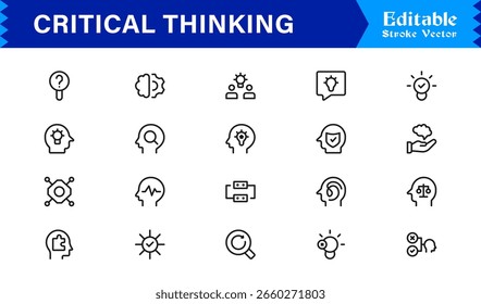 Symbolsatz für kritisches Denken mit Brainstorming-, Problemlösungs-, Logik- und Analysesymbolen im Vektorstil